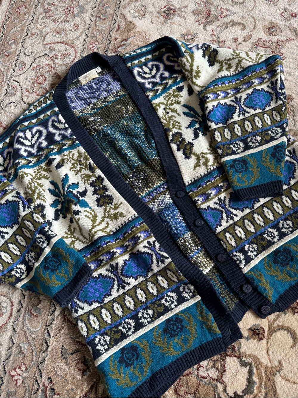 Vintage English Natural Floral Cottage V-Neck Button Whimsy Floral Knit Cardigan